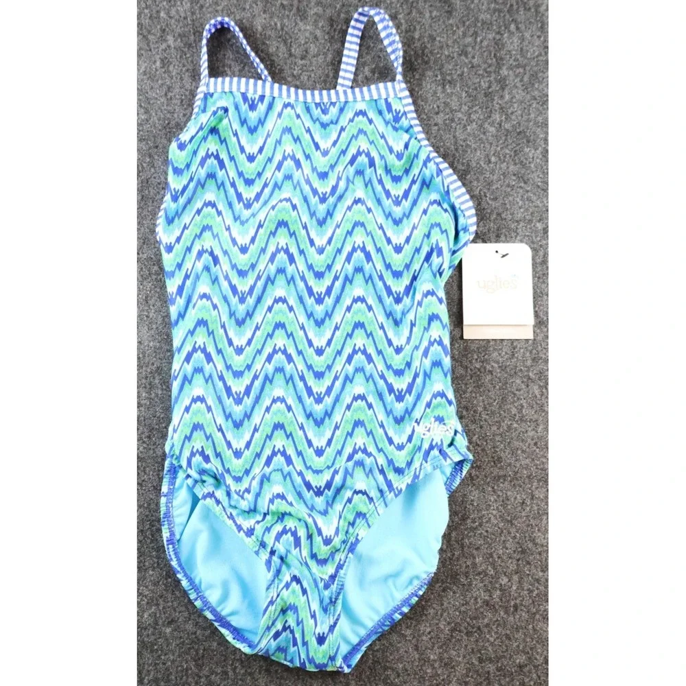 Dolfin Uglies One Piece‎ Womens 30 Blue Green Chevron Swim Training NWT